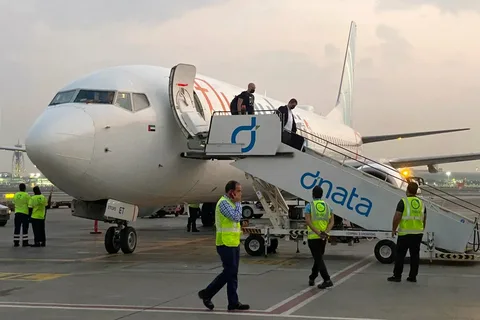 A flydubai passenger aircraft on the tarmac after the Dubai to Tel Aviv flight made an emergency landing in Saudi Arabia