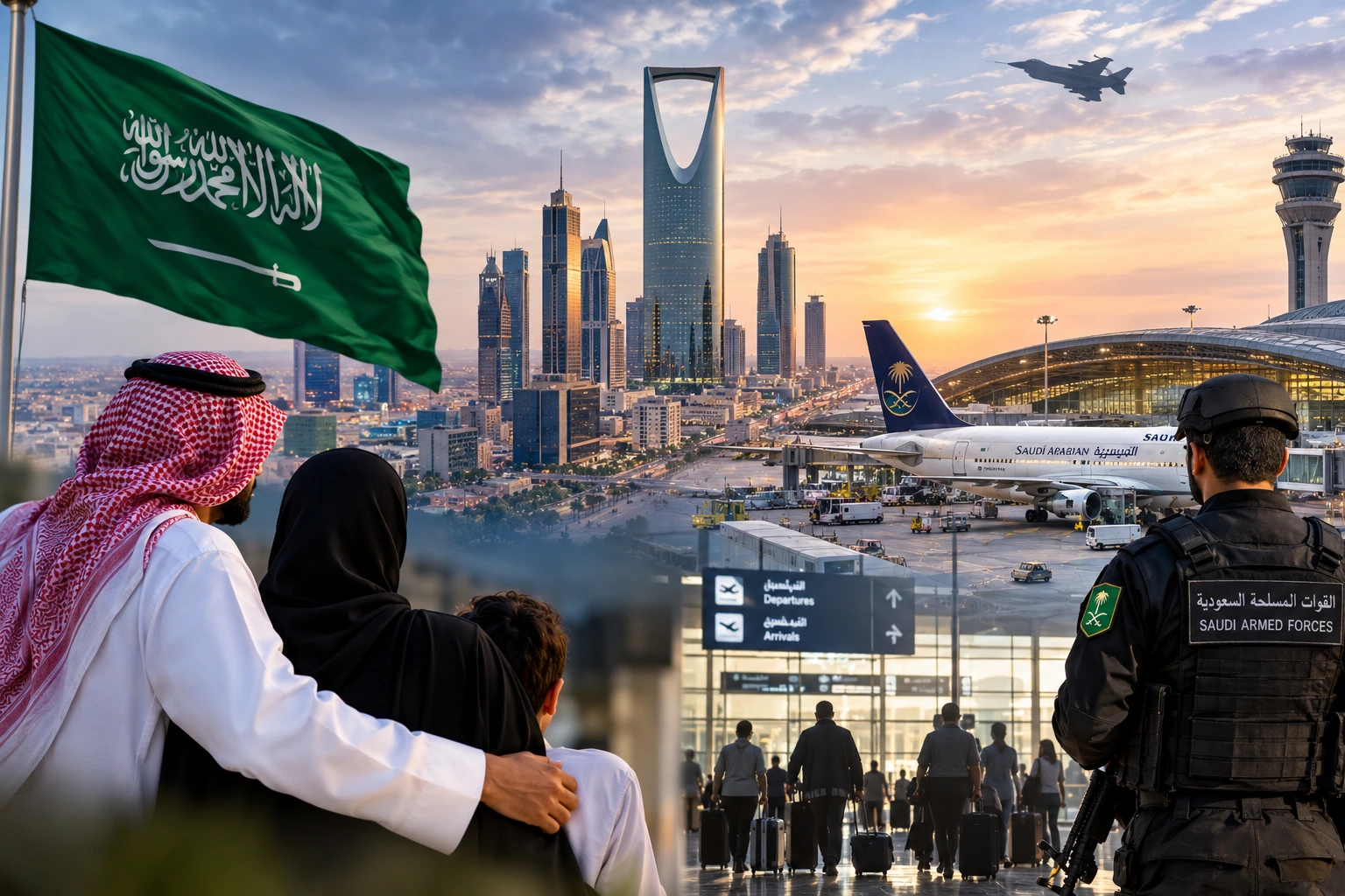 Saudi Arabia security concerns, Riyadh skyline, airport, and national security