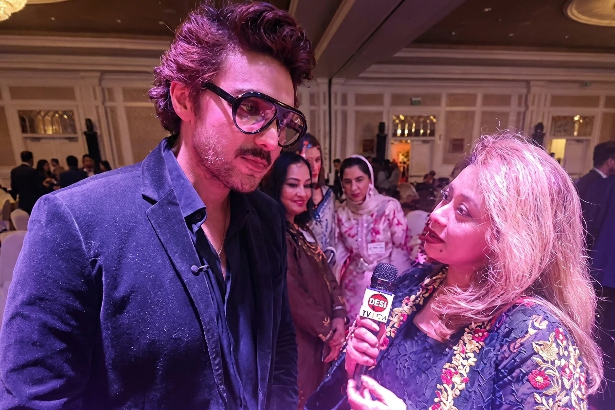 Falak Zehra in conversation with Ahsan Khan at the Indus Hospital Houston Chapter Gala Dinner on October 23, 2026.